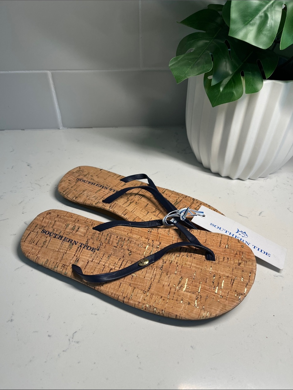 Southern Tide Cork Flip Flops with Navy Straps and Gold Accent
